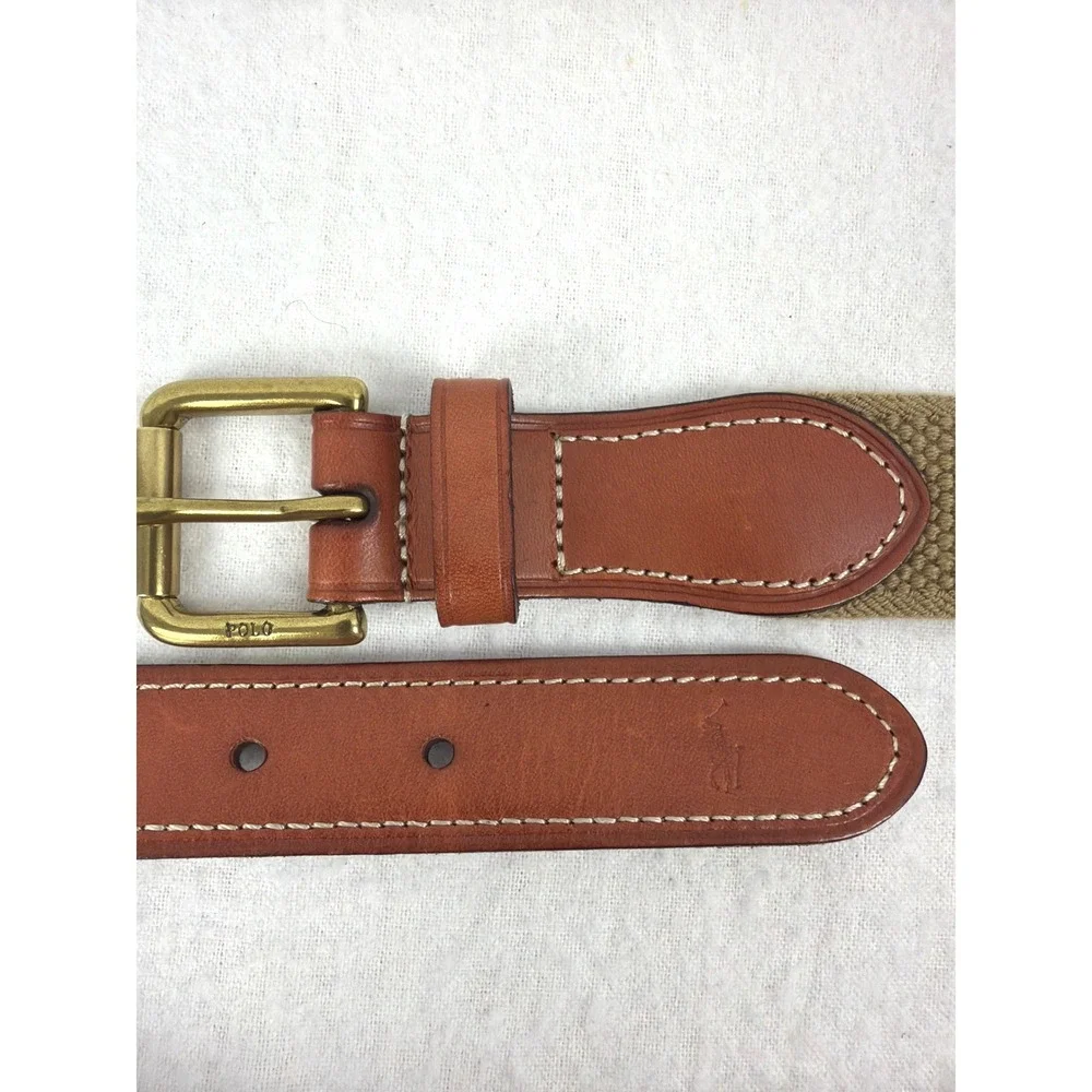 Polo Ralph Lauren Mens Khaki Tan Woven Braided Leather Belt XL Brass Buckle